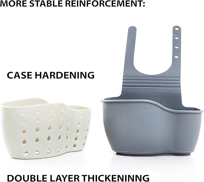 Kitchen Sink Caddy - Silicone Plastic Soap Sponge Holder - BPA-free Rack - Faucet Caddy with Drain Holes for Drying - Adjustable Hanging Strap (White)