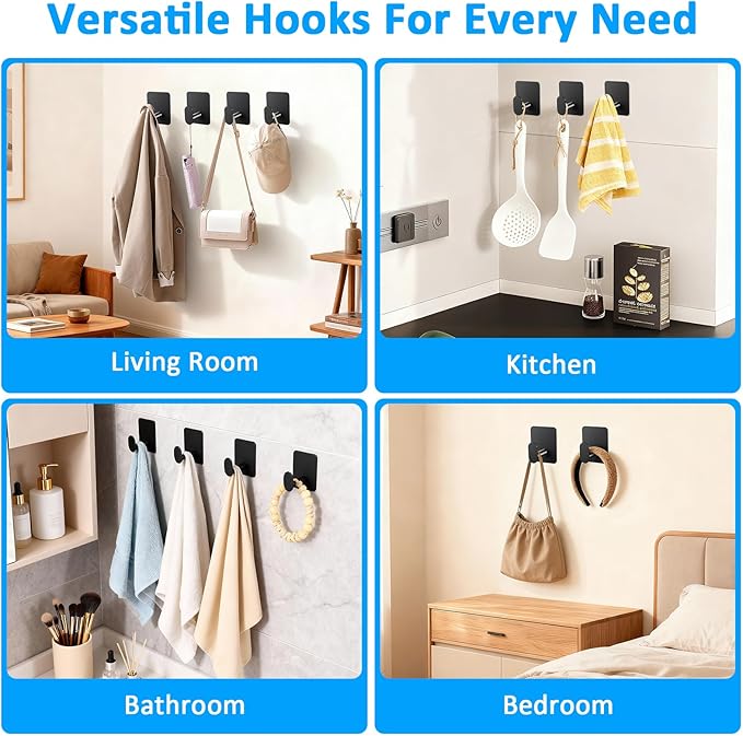 VZZNN Adhesive Wall Hooks 12 Pcs, Waterproof Matte Black Towel Hooks for Bathroom, Stainless Steel Sticky Hooks for Kitchen Shower with Strong Hold