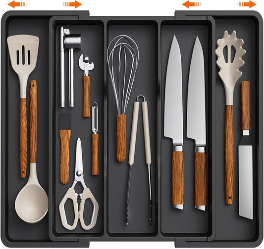 Lifewit Utensil Organizer for Kitchen Drawers, Expandable Cooking Utensil Tray, Adjustable Cutlery Silverware Flatware Holder, Plastic Spatula Tools and Gadgets Storage Divider, Black, 13"-22" x 15"