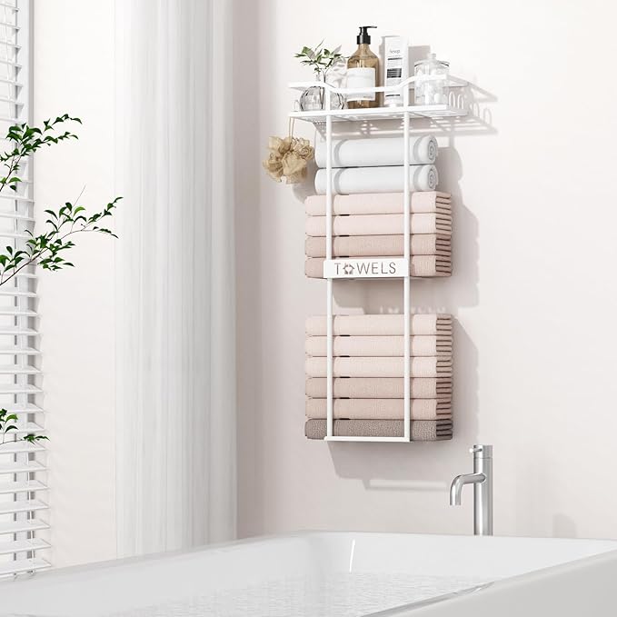 Towel Racks for Bathroom Wall Mounted Towel Storage Organizer Wall Towel Rack for Rolled Towels White