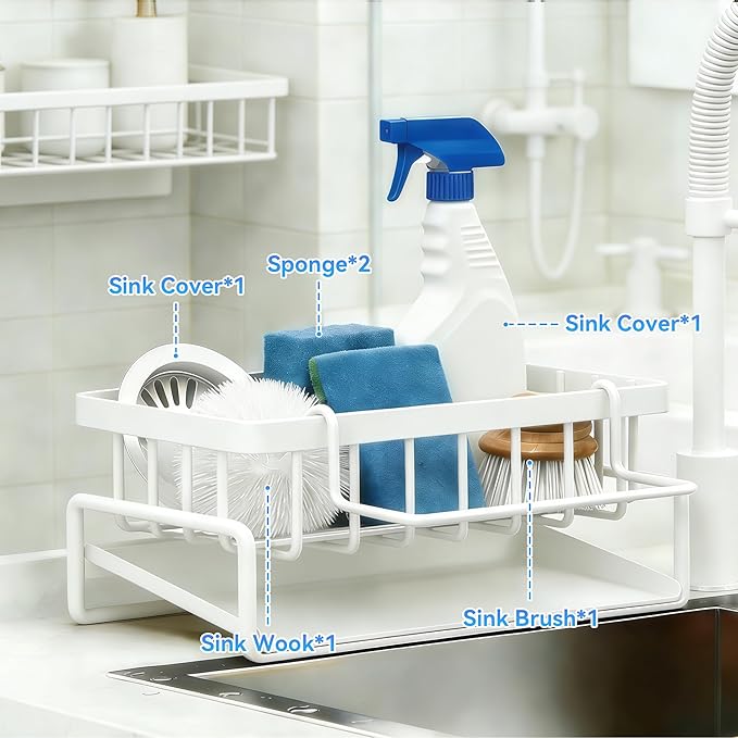 Sponge Holder for Kitchen, Sink Caddy Organizer Rack for Kitchen Accessories, Soap Dispenser Countertop Organizer Essentials for Home (White)