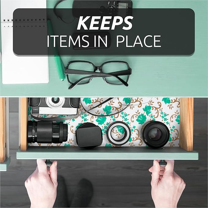 18X96 Inch Shelf Liner for Kitchen Cabinets, PVC Drawer Liner for Dresser Non-Slip Bathroom, Non-Adhesive Cabinet Liner Washable (Green Floral)(3 Roll)