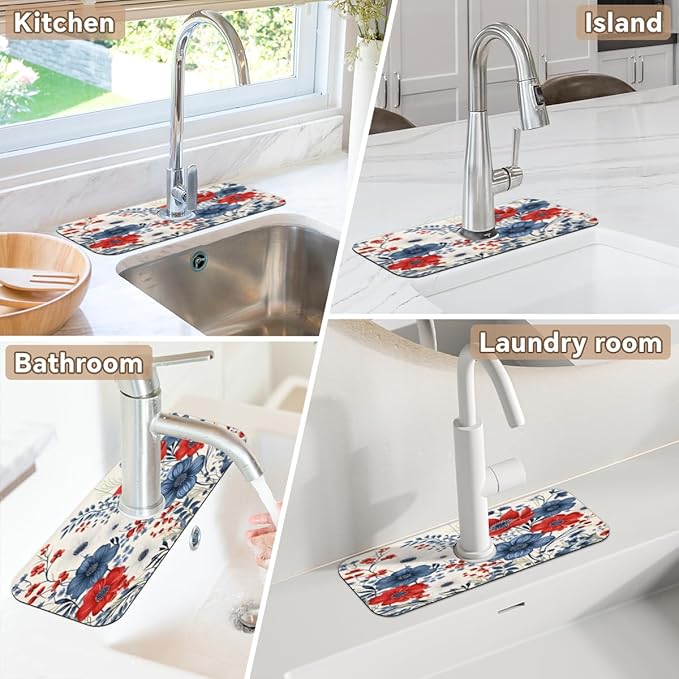 Patriotic Bloom Burst Kitchen Faucet Mat Splash Guard, 15.4”x5.7” Absorbent Quick Drying Sink Mat for Countertop Protection, Draining Mat Sink Protectors For Kitchen Bathroom, 2 Pack