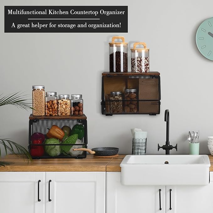 2 Pcs Stackable Mesh Fruit Basket with Lid Wall Produce Vegetable Storage Basket Onion Potato Snack Hanging Metal Wire Container for Kitchen Counter Pantry(Non-removable,Black,8.3"w & 13.8"l)