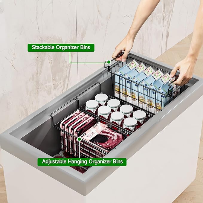 Freezer Baskets for Chest Freezer - 3 Pack Stackable Organizer Bins & 1 Pack Adjustable Hanging Organizer for 5-7 Cu.FT Deep Freezer - Sort Frozen Food