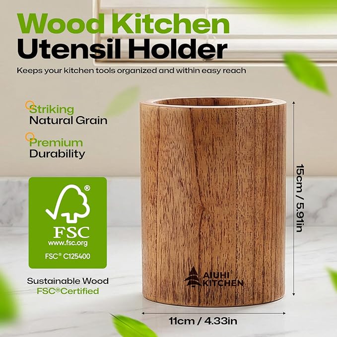 AIUHI Wood Utensil Holder for Kitchen Counter, Wooden Utensil Crock, Kitchen Utensil Organizer, 5.9"x 4.3" Large Spatula and Spoon Holders