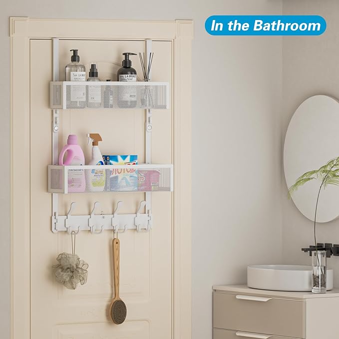 Over The Door Hooks Organizer, Door Hanger Towel Rack with 2 Baskets, Adjustable Over The Door Coat Rack, Back of Door Storage for Bedroom, Kitchen, Bathroom (White)
