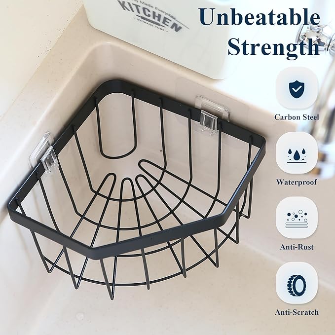 Sea Team Adhesive Corner Caddy, Sink Organizer, Soap, Drain Plug, Sponge Holder, Multifunctional Rustproof Carbon Steel Storage Basket, Wall Mounted Shelf Rack for Kitchen, Bathroom, Black