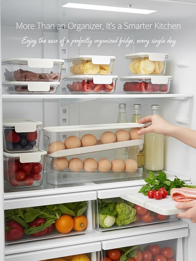 Egg Dispenser for Refrigerator Organization and Storage Holder Fridge Box Organizer Rolling Automatic Gravity Fed Cart Clear Organizers Pantry Shelf Home Must Haves Glad with Lids
