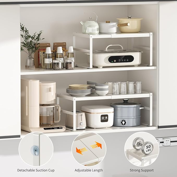 Expandable Cabinet Organizer, Metal Pantry Organizer Spice Rack Storage Shelves for RV,Kitchen, Pantry, Cupboards, Under Sink and Counter Storage,Office,Adjustable Shelf,White Large