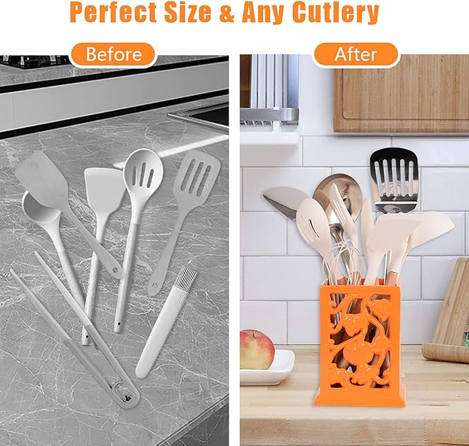 Utensil Holder for Kitchen Counter, Large Cast Iron Vintage Pumpkin Pattern Utensil Holder Cooking Tools Organizer Storage Crock, Orange
