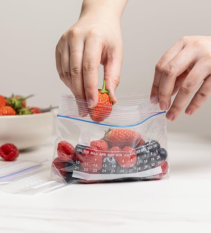 Bulk Snack Freezer Bags - 1200 Count with Expandable Bottom and New Calendar Feature, Easy Fill (4 Boxes of 300)
