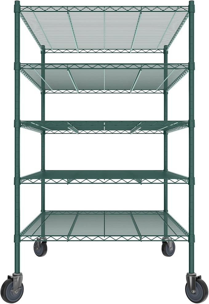 Commercial NSF Listed Green Epoxy Mobile Wire Shelving Kit 36" x 48" x 60", with 5 Shelves Perfect for Warehouse, Walk-in Refrigerator, Freezer, Grocery Store, Restaurant, Dishroom