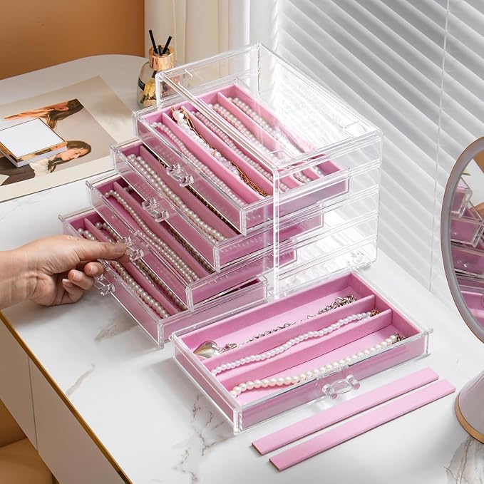Necklace Holder Organizer, Dustproof Necklace Box Velvet Necklace Organizer Box with Lid Clear Acrylic Dustproof Stackable Jewelry Displays for Necklaces Chain Display (Pink, 5 Drawer)