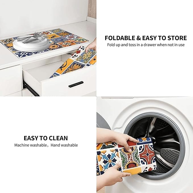 2Pcs Dish Drying Mats Faucet Mats Sets Large Size Coffee Mats Sink Faucet Mat Splash Guard for Kitchen Counter Bathroom Sink Coffee Bar Kitchen Decor (Retro Boho, 18"x24" 15" x 5.5"Set)