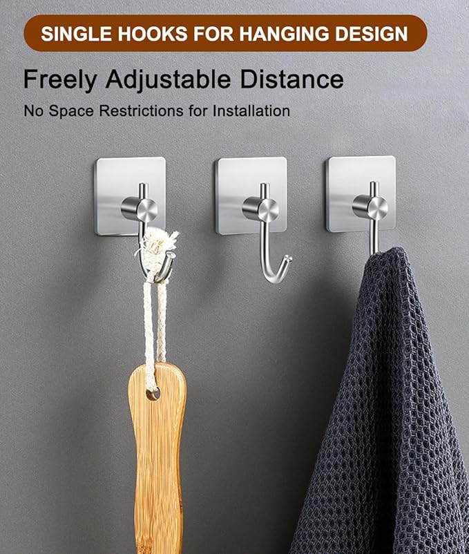 EDMILE Self Adhesive Towel Hooks for Bathrooms, Sturdy Wall Hooks for Walls No Damage, Waterproof Rustproof Stainless Steel Sticky Hooks for Hanging Shower, Bathroom, Kitchen, Robe, Coat, Silver