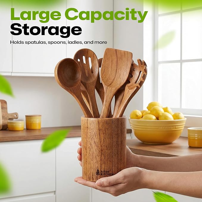 AIUHI Wood Utensil Holder for Kitchen Counter, Wooden Utensil Crock, Kitchen Utensil Organizer, 5.9"x 4.3" Large Spatula and Spoon Holders