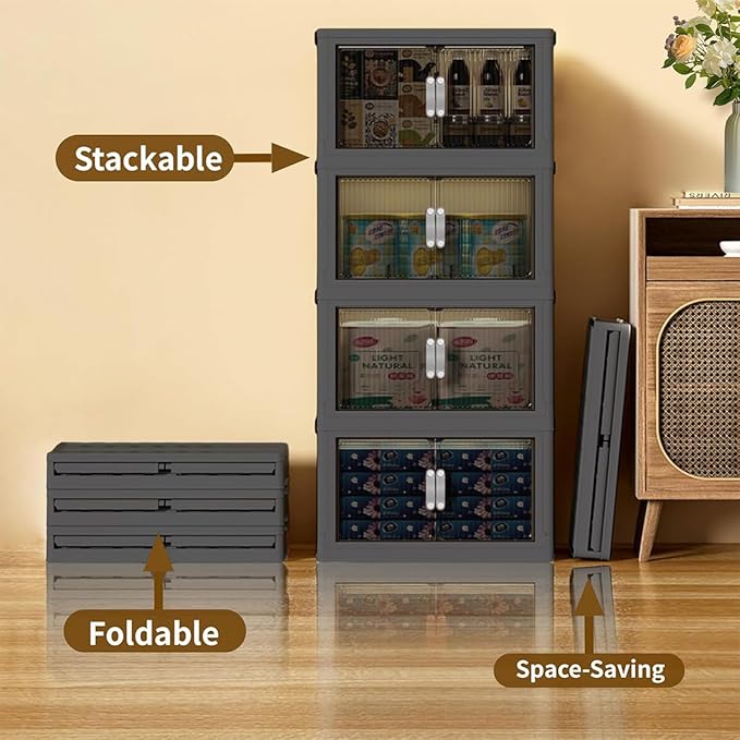 ONAIL Stackable Storage Bins,Plastic Storage Bins with Lid and Wheels, Collapsible Storage Containers with Magnetic Doors, Foldable Storage Boxes for Home, Pantry, Office (L, Gray 2-Tier)