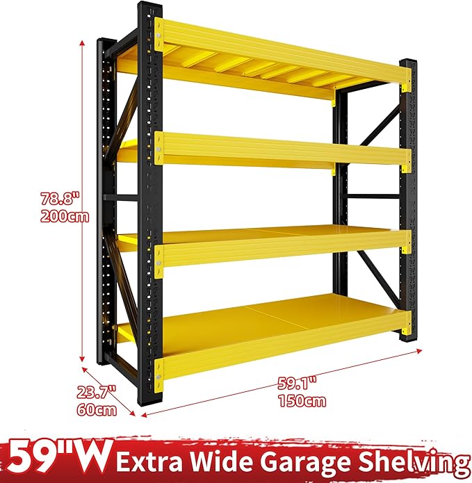 59" W Garage Shelving 3000LBS Garage Storage Shelves 4-Tier Metal Adjustable Shelf Unit Storage Rack for Basement Supermarket Warehouse 59" W x 24" D x 78" H Yellow