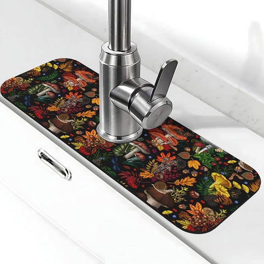 Mushroom Forest Butterfly Kitchen Sink Splash Guard Faucet Mat 1 Pcs, Absorbent Fast Drying Mat Gadgets Splash Guard For Bathroom 15 X 5.5 Inches