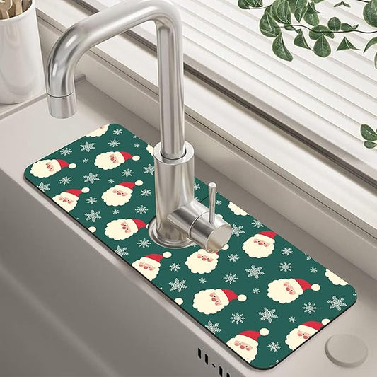 Christmas Kitchen Sink Splash Guard Mat Santa Claus and Snowflakes Sink Splash Guard Faucet Mat Draining Mat Fast Drying Sink Protectors for Kitchen and Bathroom 5.5"×15"