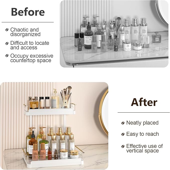 FOLLOWIN 2-Tier Bathroom Organizer Countertop,Perfume Vanity Organizers and Storage,Make Up Organizers for Counter,Makeup Storage,Removeable Vanity Trays,White