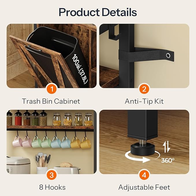 HOOBRO Bakers Rack with Trash Can Bin Cabinet, 6-Tier Microwave Stand with LED Stripe, Kitchen Storage Shelf with Outlet, Tall Coffee Bar Station for Dining Room, Rustic Brown and Black BF24UDHB01