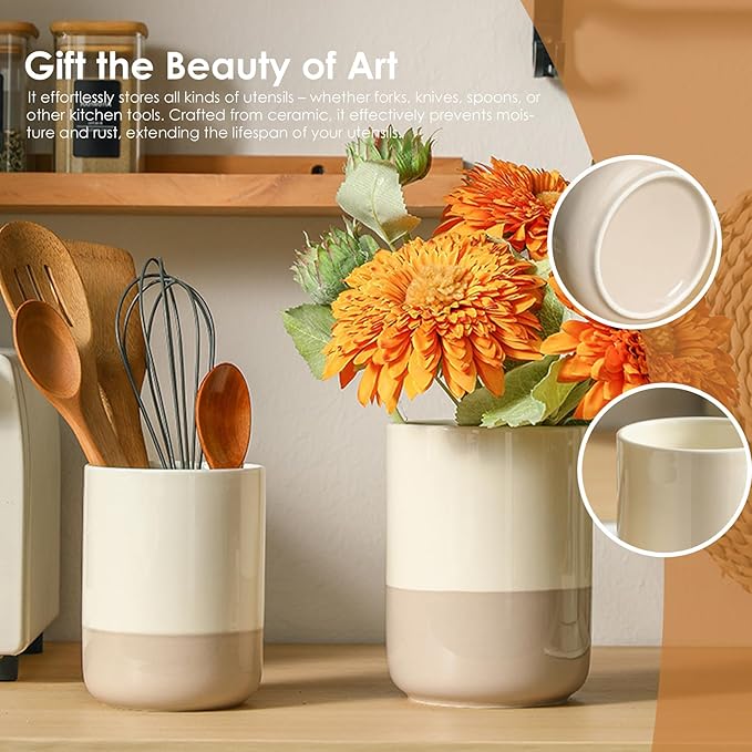Ceramic Utensil Holder Set, 6.3''+5.3'' Cooking Utensil Crocks for Kitchen Counter, Modern Design Cooking Tool Organizer Set of 2, 800ml+1300ml Ideal for Spatula, Cutlery, Makeup, Flower Vase