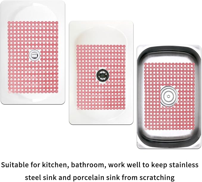 Qulable 2Pack Kitchen Sink Mat for Stainless Steel/Ceramic Sinks, PVC Eco-friendly Protectors for Bottom of Kitchen Sink, Adjustable, Fast Draining, Dots Design, 11.8x15.7 (Pink)