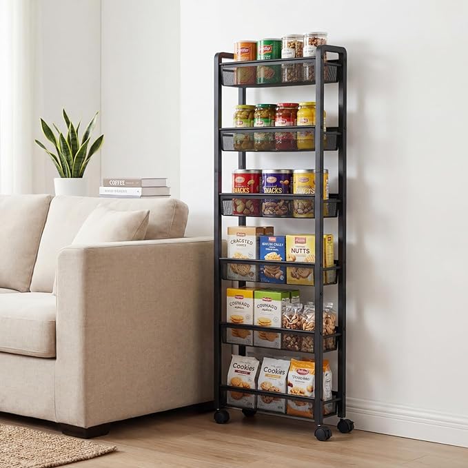 6 Tier Slim Rolling Storage Cart, Narrow Kitchen Storage Rack, Spice Rack Organizer with Wheels, Space Saving Shelf for Living Room, Laundry Room, Bathroom, Small Spaces