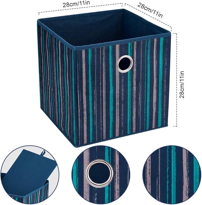 Fabric Storage Cubes Bins Blue Teal Printed Vertical Stripe Cubicle Bins 11x11x11 In Foldable Storage Cube Boxes Storage Baskets Inserts Cube Drawer for Organizers Storage QY-SC17-6