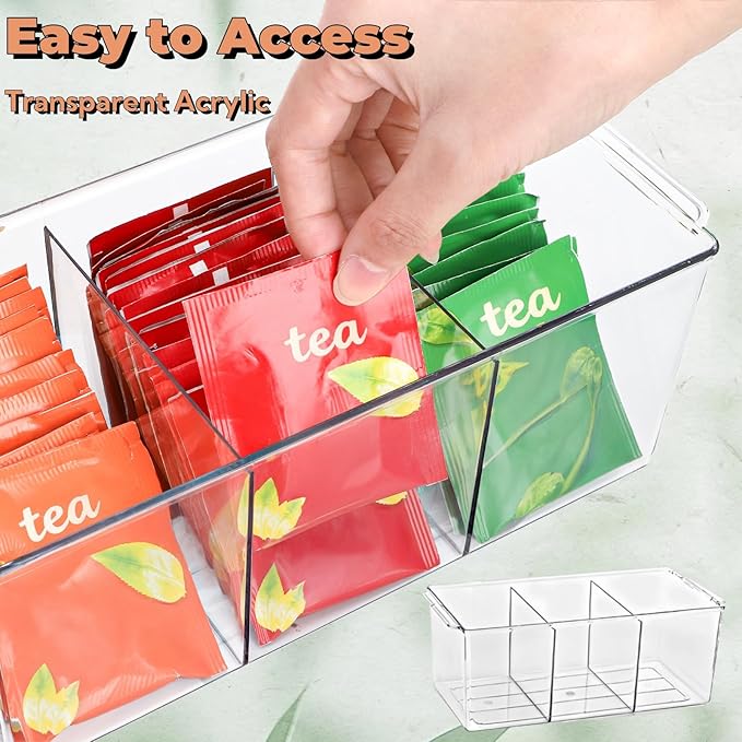 4 Tier Bamboo Tea Bag Storage Organizer, 15.5" x 11" x 5.3" Vertical Tea Packet Rack with Acrylic Drawer, Store Over 180 Tea Bags Wood Tea Station for Creamers Countertop Office Kitchen