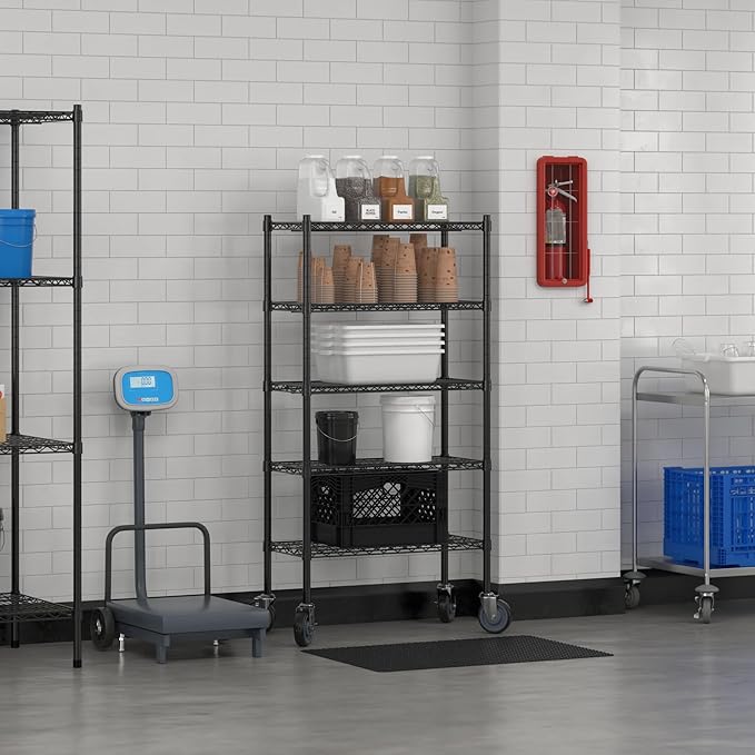 Commercial NSF Listed Black Epoxy Mobile Wire Shelving Kit 14" x 30" x 60", with 5 Shelves Perfect for Warehouse, Walk-in Refrigerator, Freezer, Grocery Store, Restaurant, Dishroom
