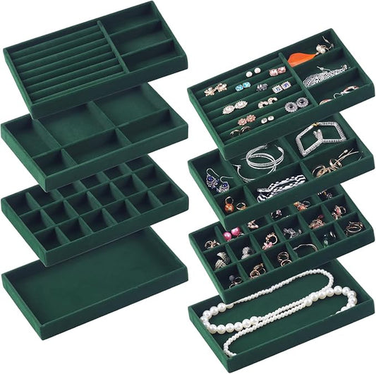 Set of 8 Stackable Jewelry Organizer Stackable Trays for Drawers,Jewelry Drawer Inserts Container Display Case Storage for Earring Necklace Rings Bracelet with Removable Dividers-Green