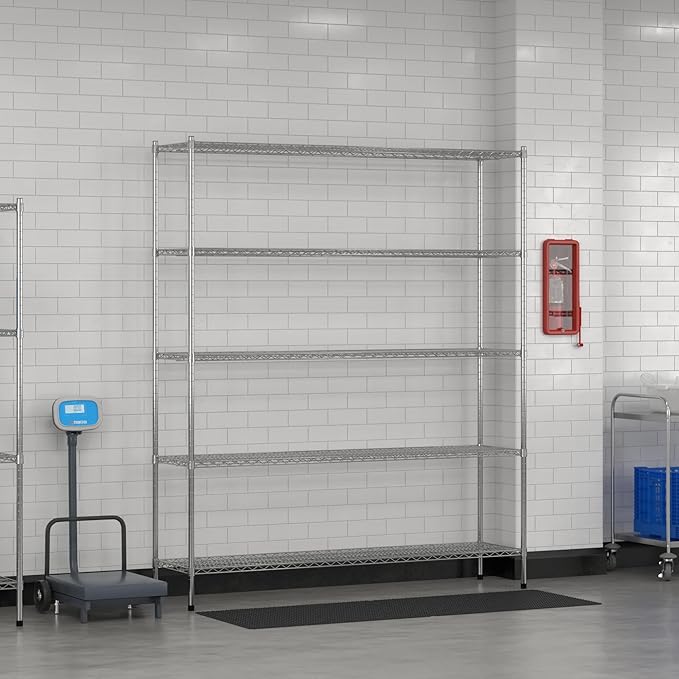 Commercial NSF Listed Chrome Stationary Wire Shelving Kit 18" x 72" x 86", with 5 Shelves Perfect for Warehouse, Walk-in Refrigerator, Freezer, Grocery Store, Restaurant, Dishroom