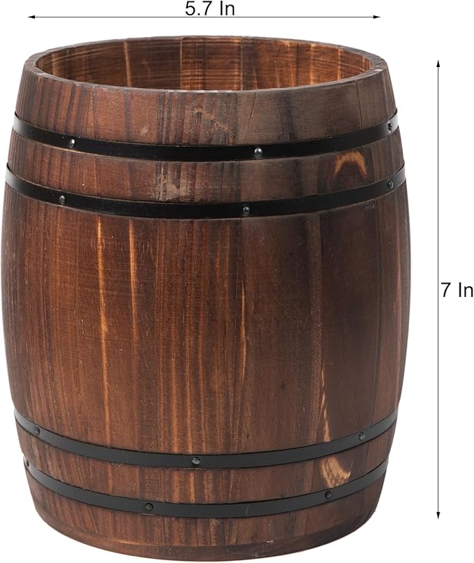 Rustic Dark Brown Wood Utensil Crock Wine Barrel Kitchen Organization Countertop Holder Black Metal Cooking Tools Culinary Gadgets Compact Storage Vintage Wooden Organizer Home Restaurant
