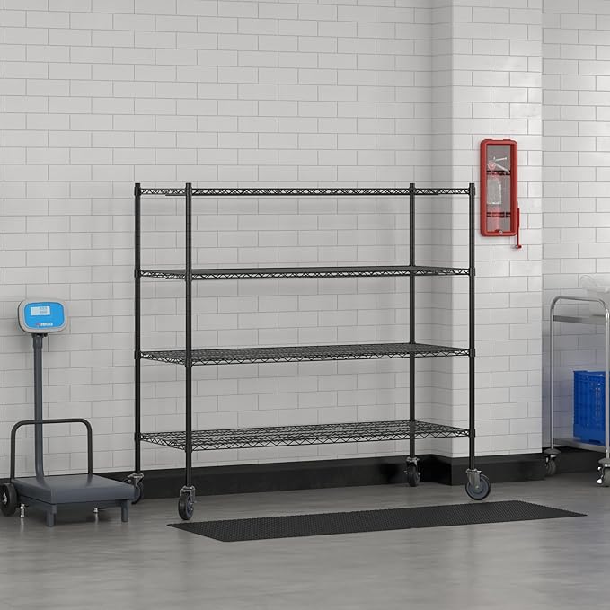 Commercial NSF Listed Black Epoxy Mobile Wire Shelving Kit 24" x 60" x 60", with 4 Shelves Perfect for Warehouse, Walk-in Refrigerator, Freezer, Grocery Store, Restaurant, Dishroom