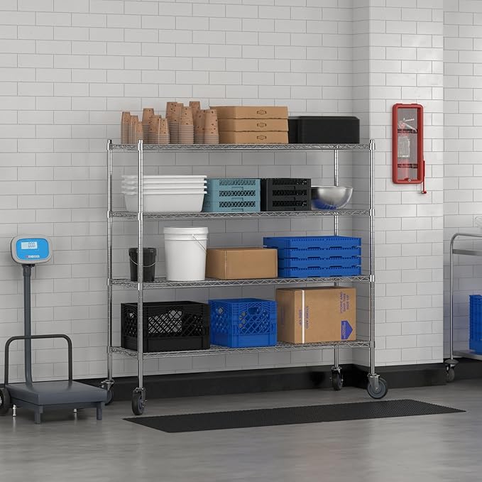Commercial NSF Listed Chrome Mobile Wire Shelving Kit 18" x 60" x 60", with 4 Shelves Perfect for Warehouse, Walk-in Refrigerator, Freezer, Grocery Store, Restaurant, Dishroom