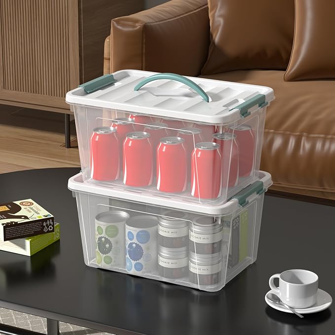 6 Pack Plastic Latching Box with Handle, 12 Quart Clear Lidded Storage Bin