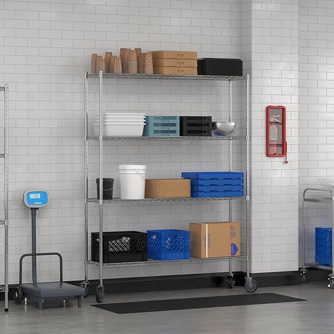 Commercial NSF Listed Chrome Mobile Wire Shelving Kit 14" x 60" x 80", with 4 Shelves Perfect for Warehouse, Walk-in Refrigerator, Freezer, Grocery Store, Restaurant, Dishroom