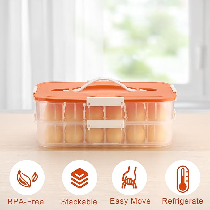 BTSKY Deviled Egg Platter with Lid, 2-Layer 36 Slots Deviled Eggs Carrier, Clear Portable Egg Holder for Fridge Reusable Deviled Eggs Tray Carton Box for Easter and Party Favor (2-Layer, Orange)