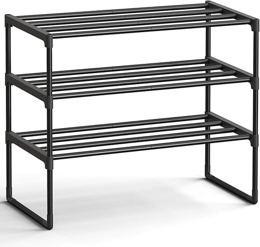 SONGMICS Shoe Rack, 3-Tier Shoe Organizer, Metal Storage Shelf, Upright or Upside Down, for 8-12 Pairs, Stackable, for Entryway, 11.8 x 26.8 x 21.7 Inches, Black ULSA203B01