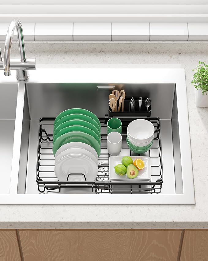 Kitsure Dish Drying Rack – Expandable in-Sink or Over-Sink Dish Rack for Kitchen Counter, Rust-Resistant Metal Dish Strainer with Cutlery Holder, 16.0"-20.7" L x 11.4" W x 5.7" H, Black