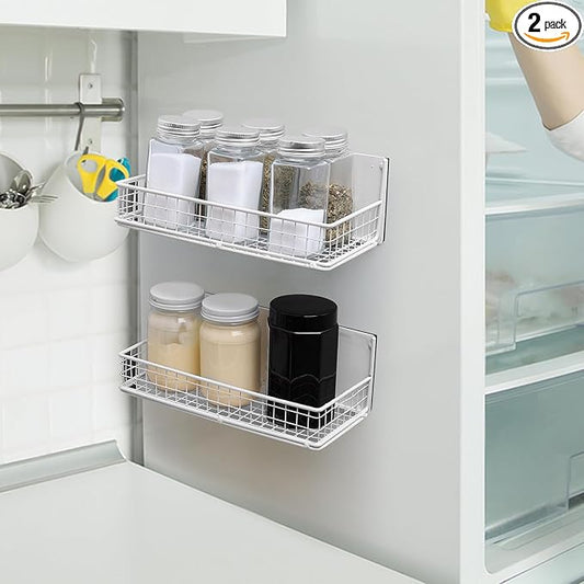 ONESIXEC 2 Pack Magnetic Basket for Fridge, Magnetic Spice Rack for Side of Refrigerator, Small Magnet Wire Bin Basket Fridge Shelf Organizer Kitchen Classroom Whiteboard Pantry Office Storage, White
