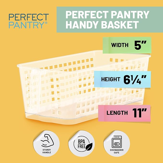 Handy Basket – Kitchen Discovery – Kitchen Pantry Organizers and Storage - Plastic Organizer Bins with Handles in Large Size for Chip Bags, Cake Mixes, Pasta, and Condiments