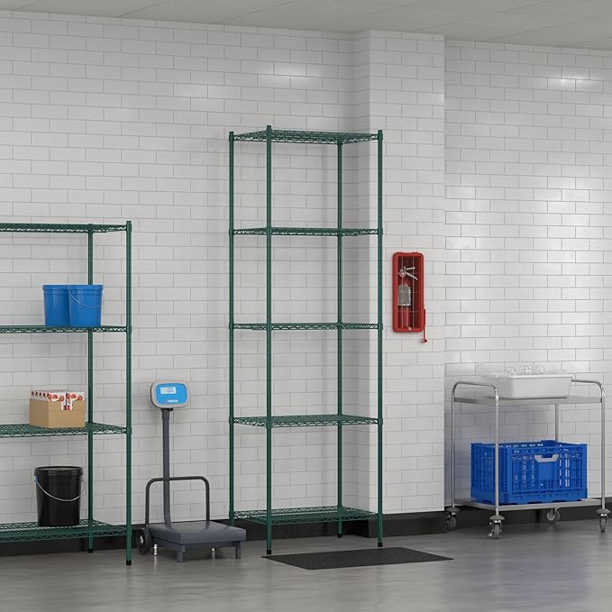 Commercial NSF Listed Green Epoxy Stationary Wire Shelving Kit 21" x 30" x 96", with 5 Shelves Perfect for Warehouse, Walk-in Refrigerator, Freezer, Grocery Store, Restaurant, Dishroom