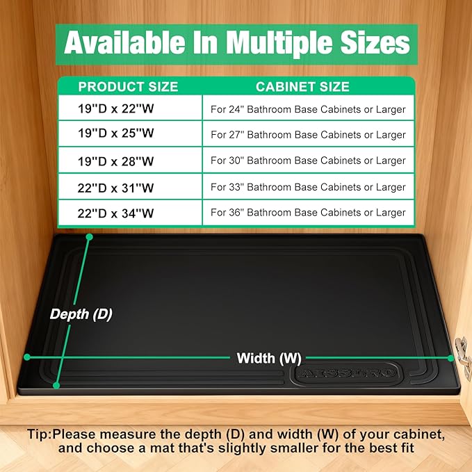 Aisslro Under Sink Mat 34" X 22", Waterproof Silicone Under Sink Mats for Kitchen, Anti-Leak Shelf Liner & Cabinet Protector with Raised Edge, [BPA Free] Bathroom Tray Home Organizer, Black