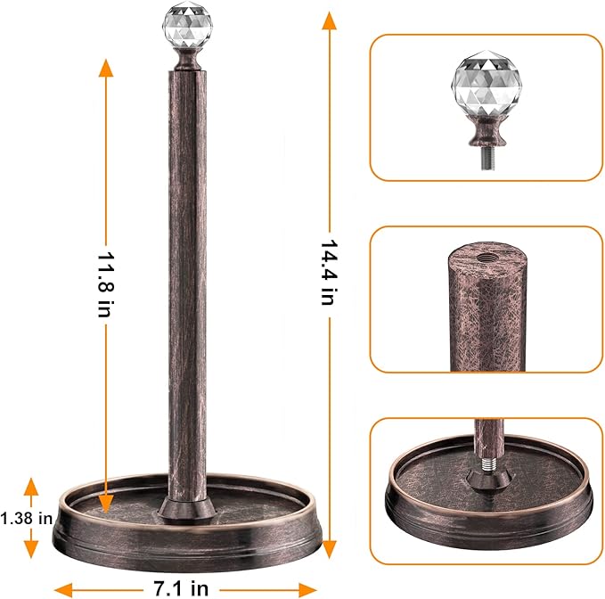 Paper Towel Holder (with Crystal Ball) Steel Paper Towel Holder countertop，Paper Towel Holder Stand for Kitchen Countertops, Bars & Dining Tables,Fits Standard & Jumbo Rolls,Oil Rubbed Bronze