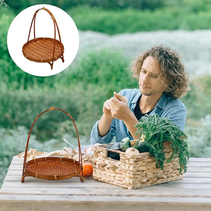 Woven Bamboo Basket Snack Stand Fruit Dessert Tray Organizer with Handle for Kitchen Countertop Storage and Home Party Display