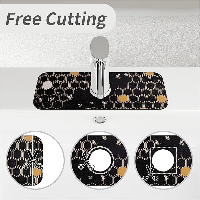 Kitchen Sink Splash Guard，Hive and Bee Faucet Mat Sink Gadgets-Super Absorbent Fast Drying Mat Drip Catcher for Kitchen, Bathroom,Sink Mat, Dish Drying Mat, Bathroom(15" X 5.5" )